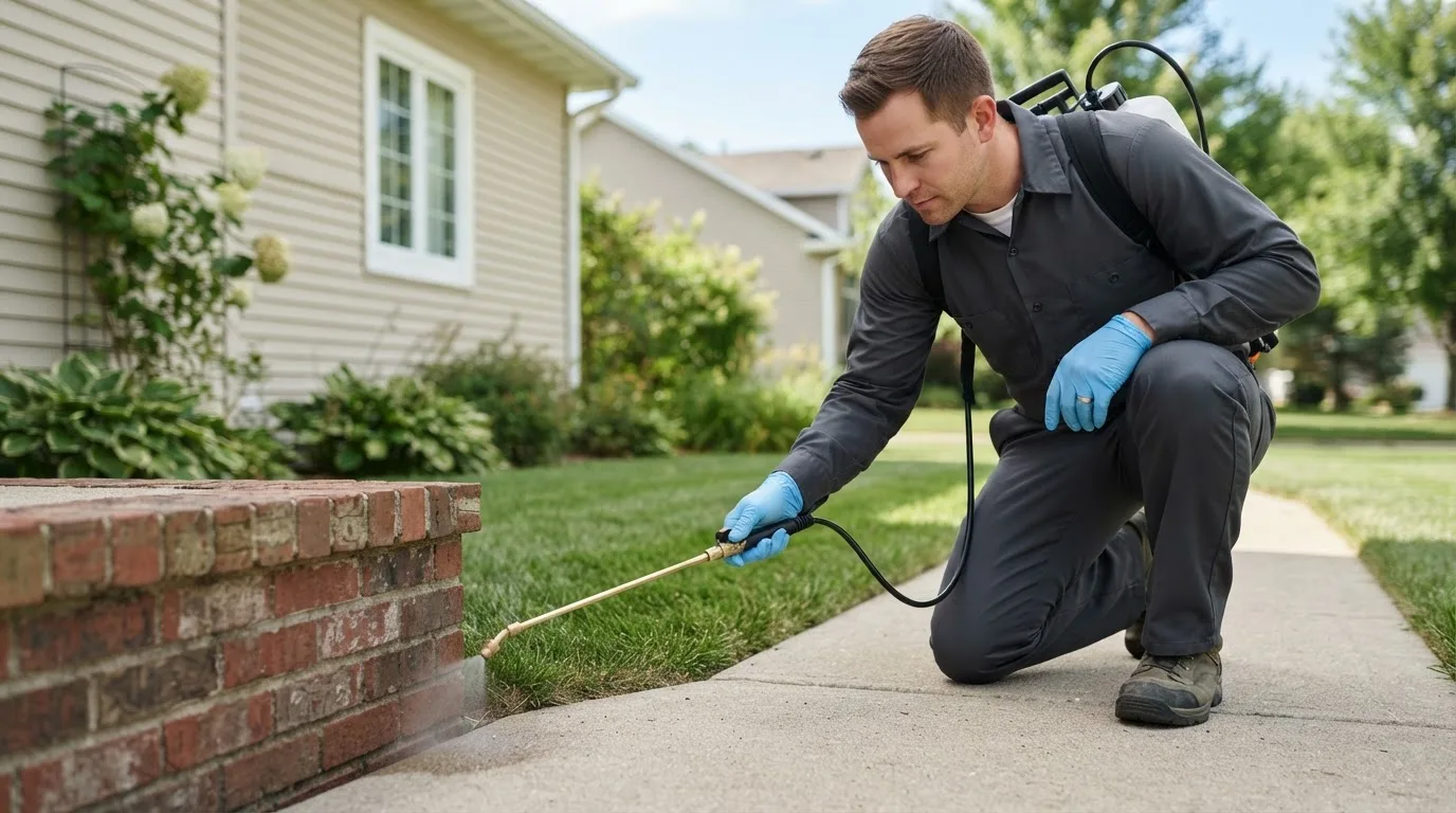 Pest control technician treating a home near West Cornwall, CT